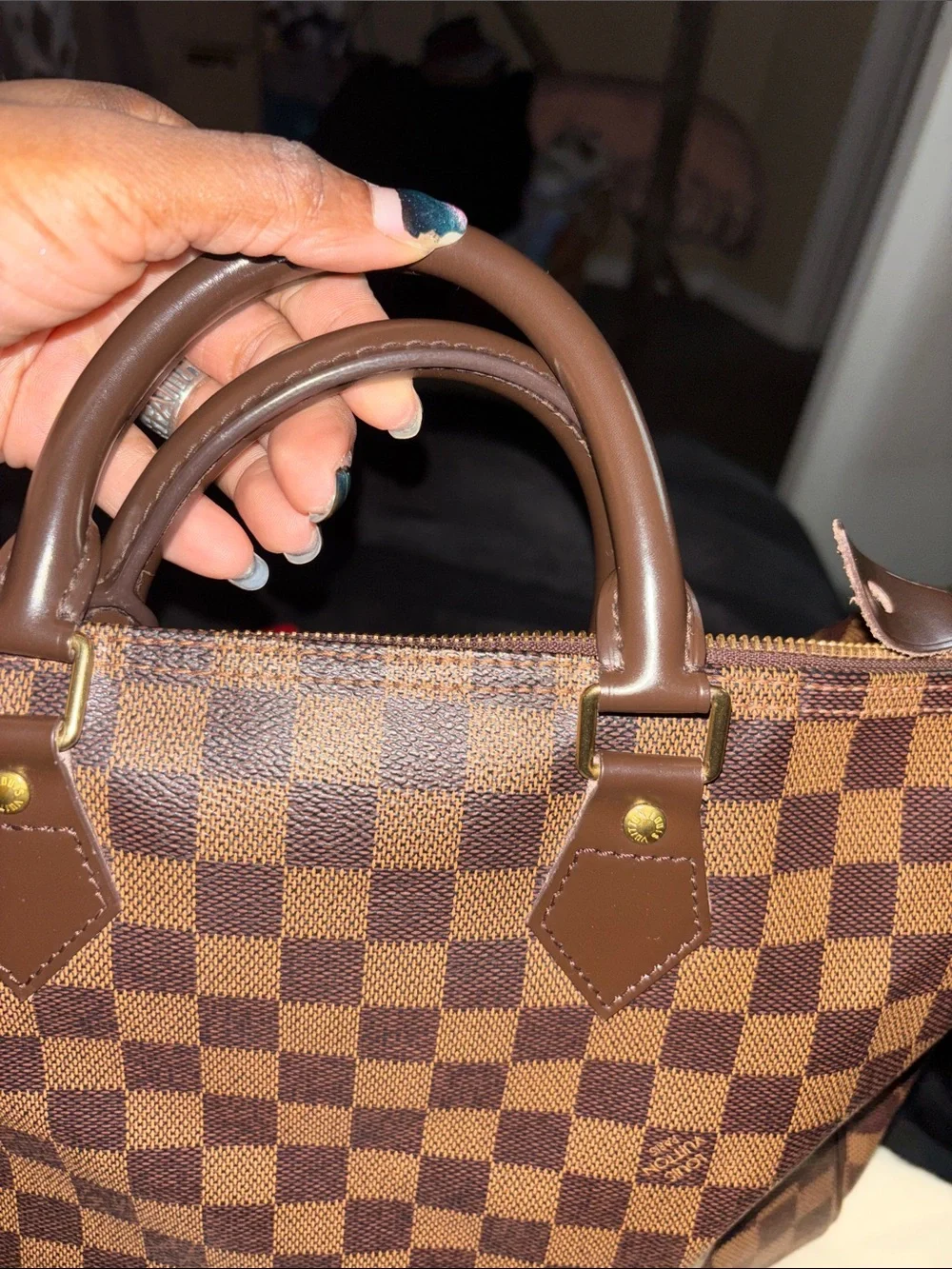 Louis Vuitton Damier Ebene Speedy 35 Satchel with Red Interior